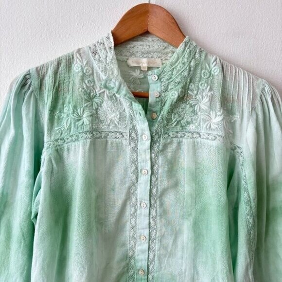 LoveShackFancy Ronda Embroidered Lace Trim Blouse in Jade Mist Hand Dye - Picture 6 of 11